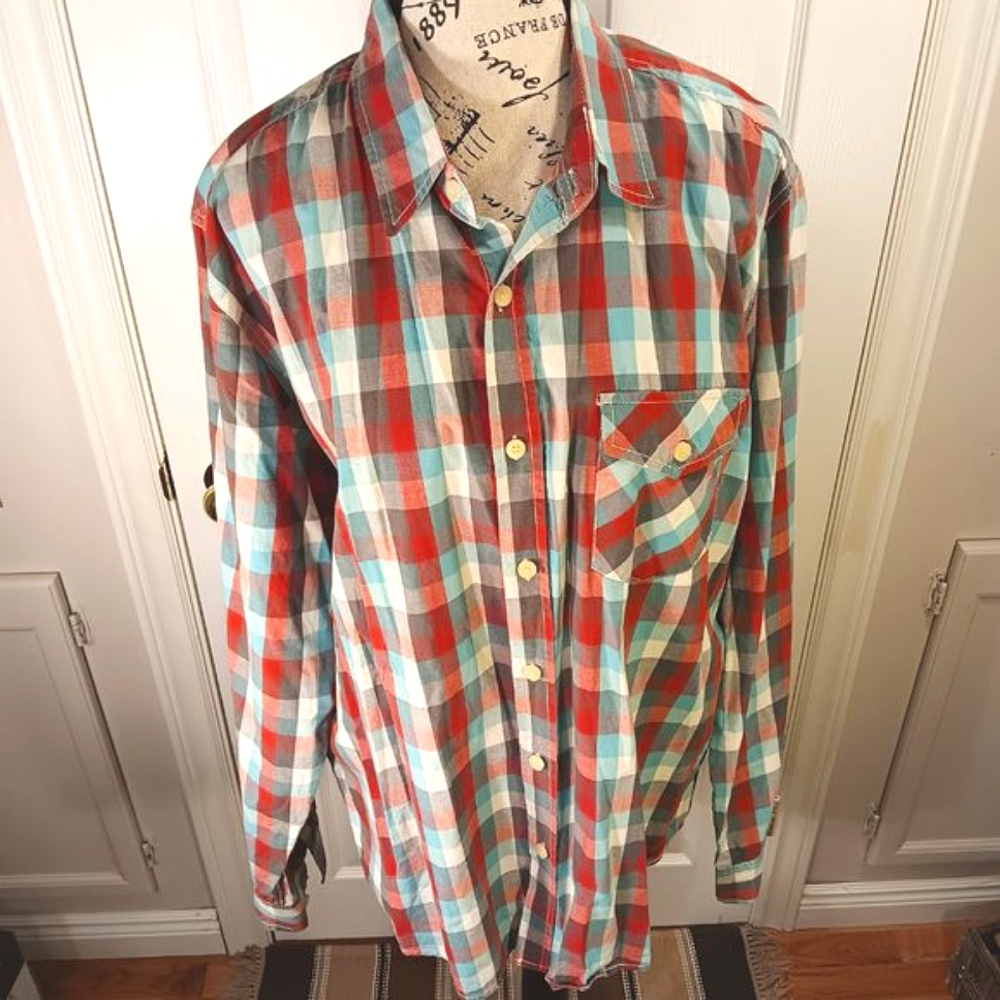NWOT Bluenotes Men's Long Sleeve Button Down Shirt Size L Cotton Red Teal Plaid